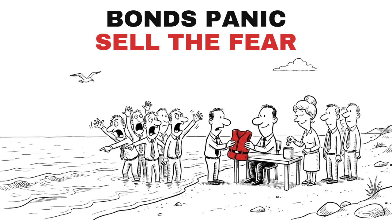 Cartoon cover, Long Bonds (TLT): Selling Storm Prices Into a Drizzle